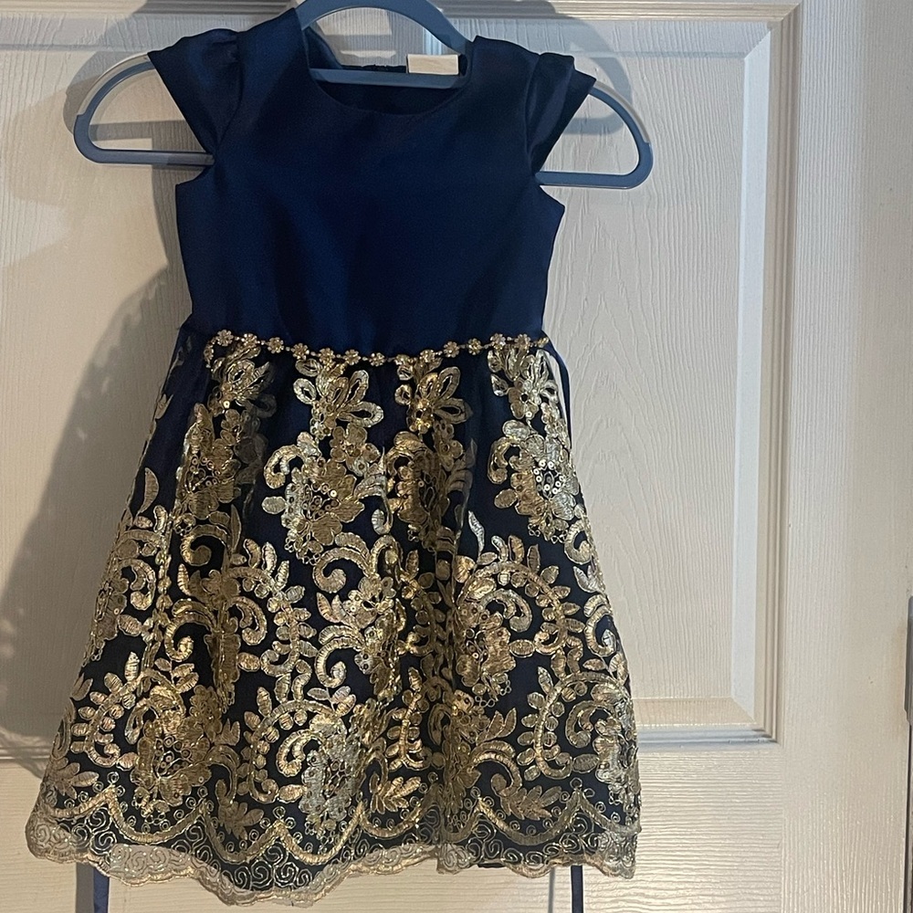 Rare Editions Navy Dress with Gold Lace Overlay